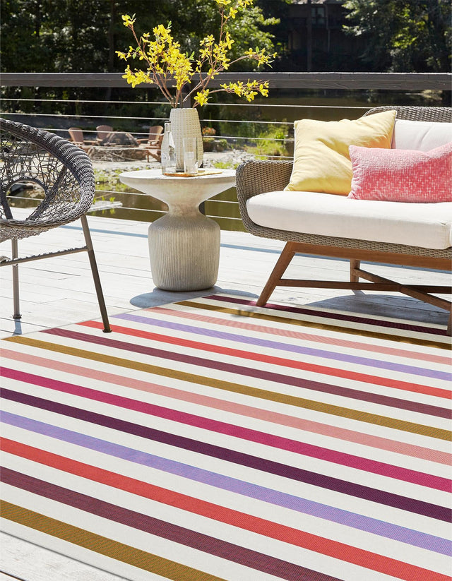 White 7' 10 x 7' 10 Outdoor Striped Square Area Rug Weather Resistant for Patio, Deck, Terrace, Balcony, Porch Geometric Pattern Waterproof Carpet for Sale at Rug Engine