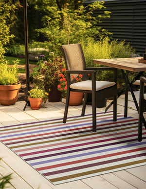 White 10' x 10' Outdoor Striped Square Area Rug Weather Resistant for Patio, Deck, Terrace, Balcony, Porch Geometric Pattern Waterproof Carpet for Sale at Rug Engine