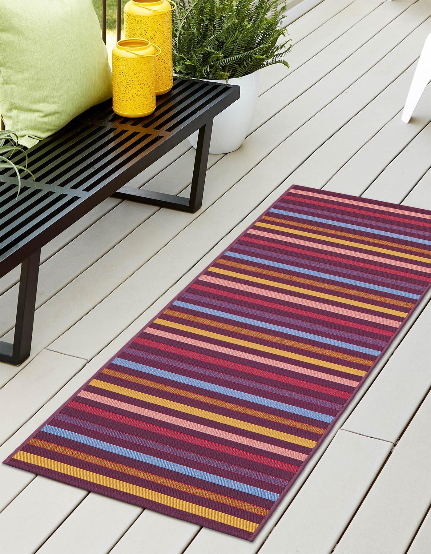 Multicolor 2' 7 x 12' Outdoor Striped Runner Area Rug Weather Resistant for Patio, Deck, Terrace, Balcony, Porch Geometric Pattern Waterproof Carpet for Sale at Rug Engine