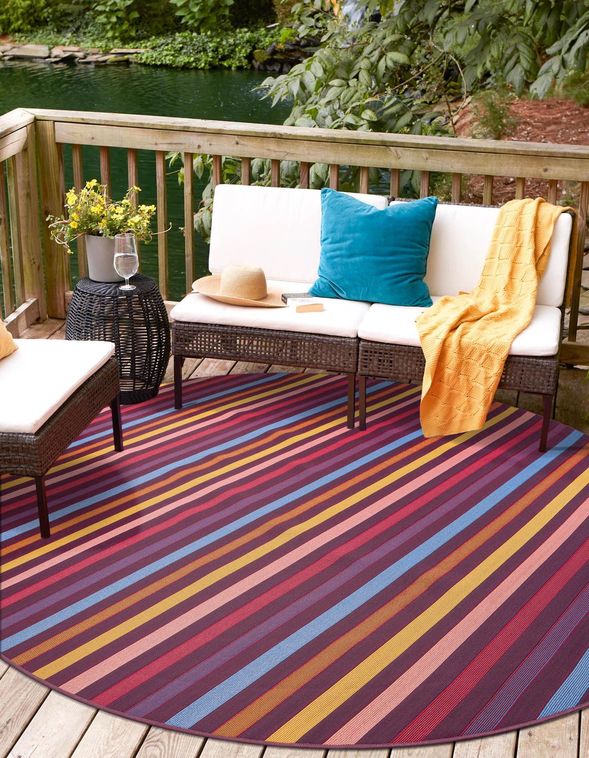 Multicolor 10' x 10' Outdoor Striped Round Area Rug Weather Resistant for Patio, Deck, Terrace, Balcony, Porch Geometric Pattern Waterproof Carpet for Sale at Rug Engine