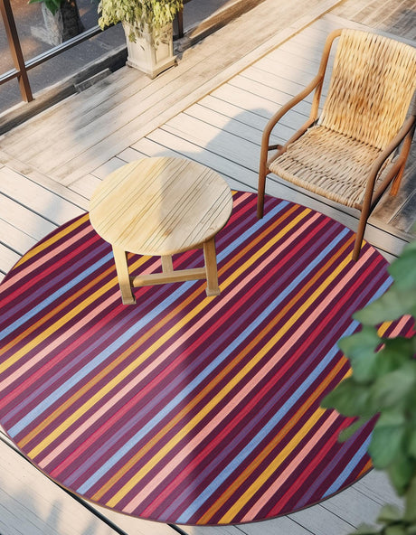 Multicolor 10' x 10' Outdoor Striped Round Area Rug Weather Resistant for Patio, Deck, Terrace, Balcony, Porch Geometric Pattern Waterproof Carpet for Sale at Rug Engine