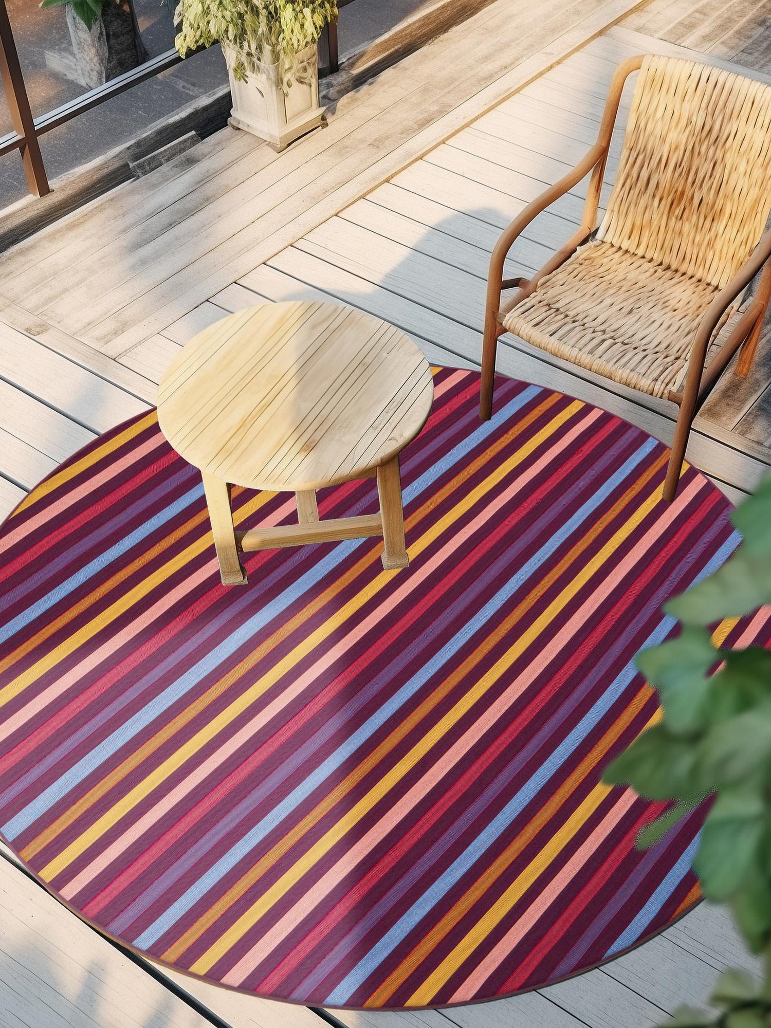 Multicolor 6' 1 x 6' 1 Outdoor Striped Round Area Rug Weather Resistant for Patio, Deck, Terrace, Balcony, Porch Geometric Pattern Waterproof Carpet for Sale at Rug Engine
