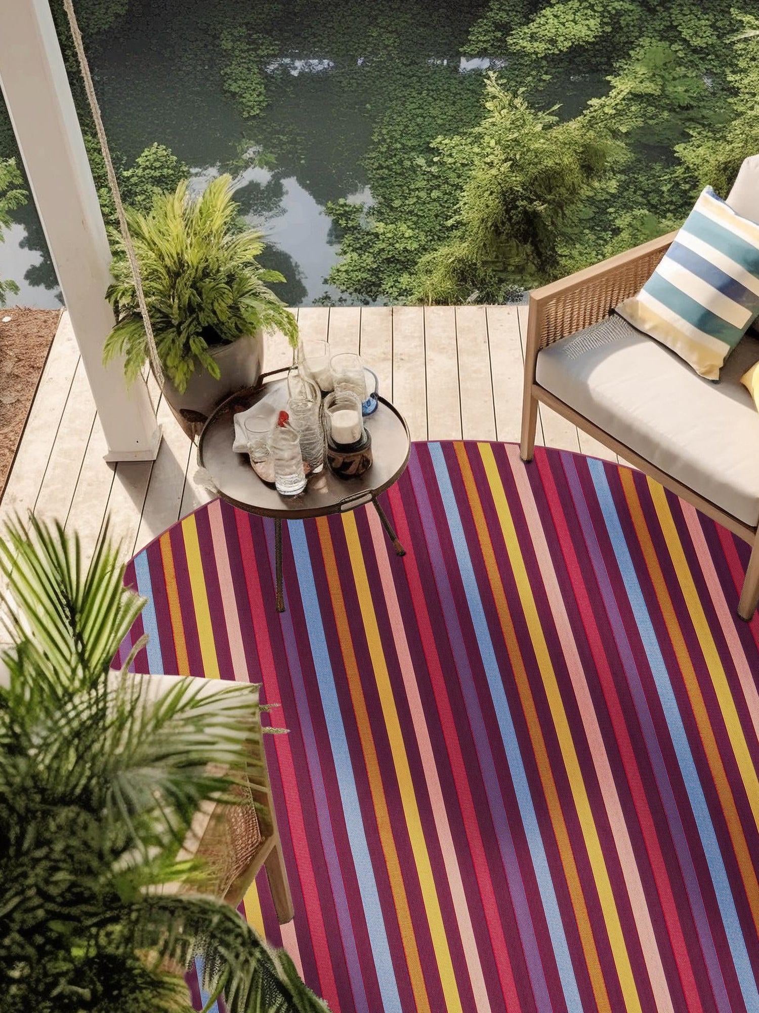 Multicolor 10' x 10' Outdoor Striped Round Area Rug Weather Resistant for Patio, Deck, Terrace, Balcony, Porch Geometric Pattern Waterproof Carpet for Sale at Rug Engine