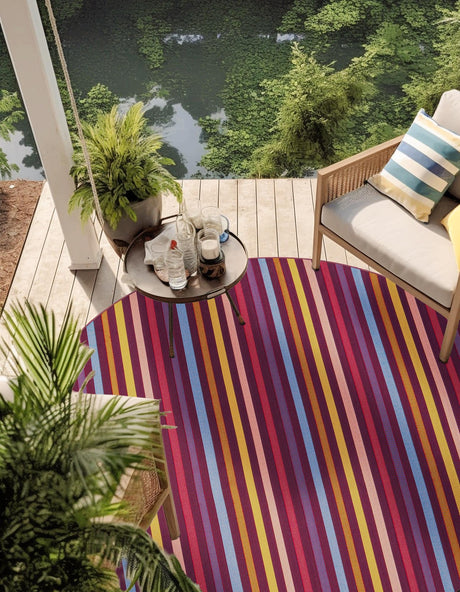 Multicolor 10' x 10' Outdoor Striped Round Area Rug Weather Resistant for Patio, Deck, Terrace, Balcony, Porch Geometric Pattern Waterproof Carpet for Sale at Rug Engine