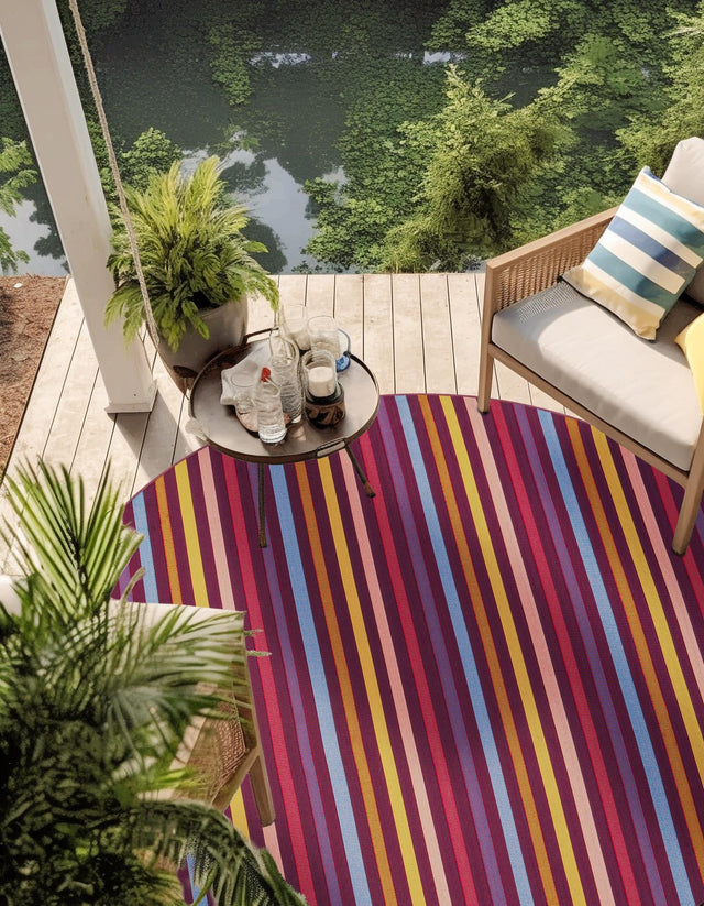 Multicolor 10' x 10' Outdoor Striped Round Area Rug Weather Resistant for Patio, Deck, Terrace, Balcony, Porch Geometric Pattern Waterproof Carpet for Sale at Rug Engine