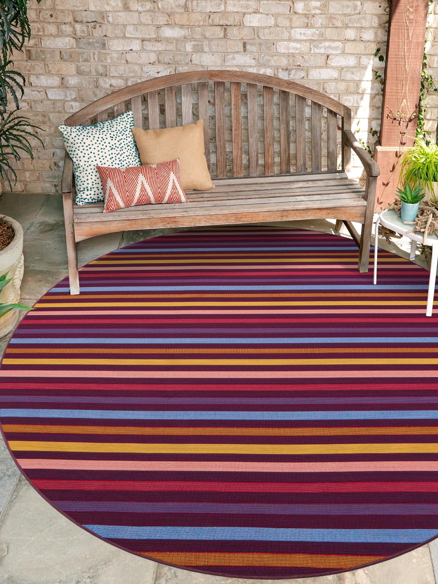 Multicolor 4' 1 x 4' 1 Outdoor Striped Round Area Rug Weather Resistant for Patio, Deck, Terrace, Balcony, Porch Geometric Pattern Waterproof Carpet for Sale at Rug Engine