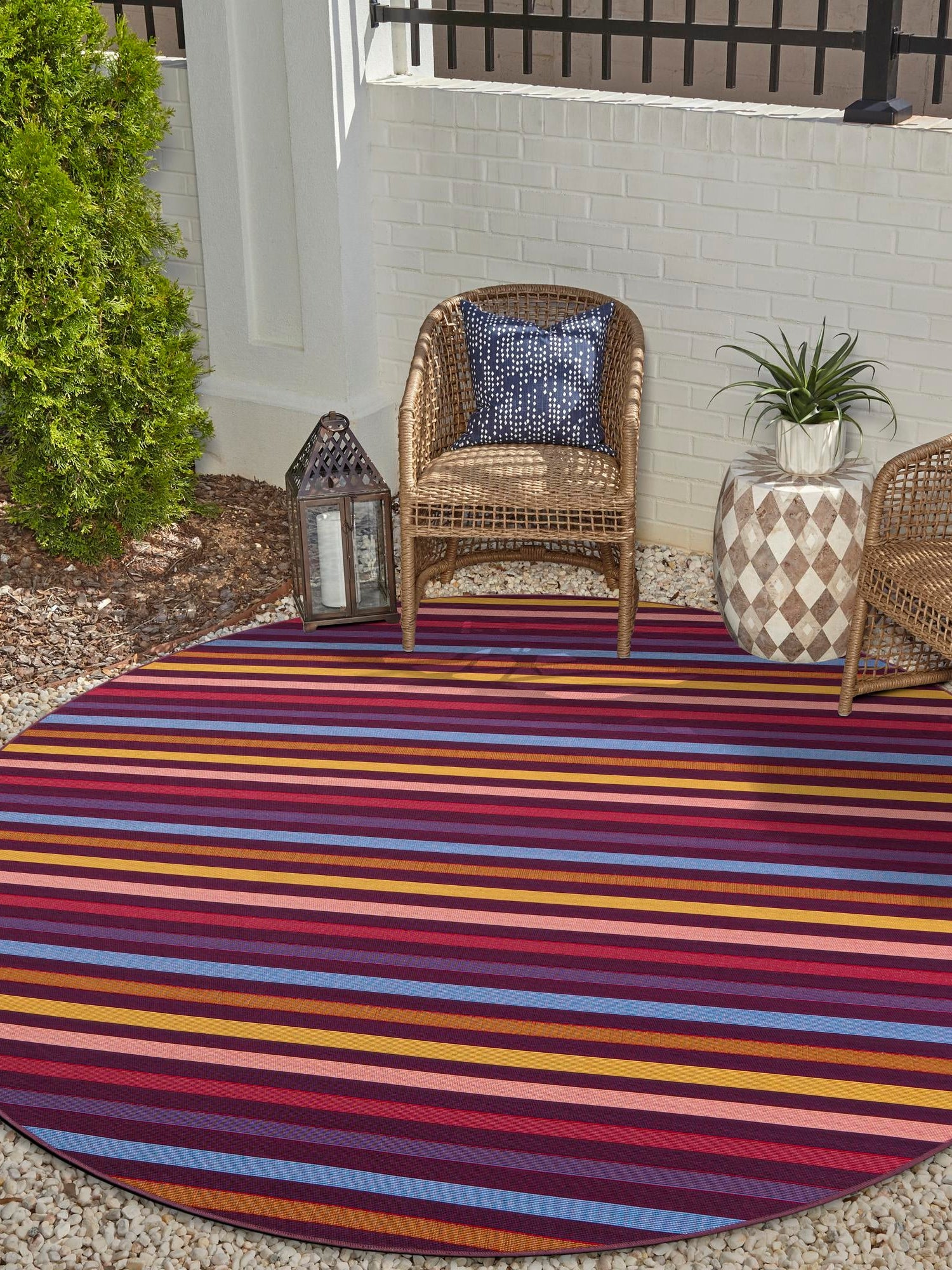 Multicolor 7' 10 x 7' 10 Outdoor Striped Round Area Rug Weather Resistant for Patio, Deck, Terrace, Balcony, Porch Geometric Pattern Waterproof Carpet for Sale at Rug Engine