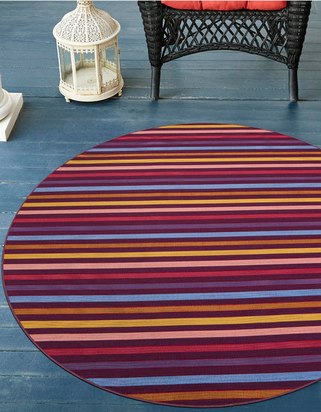 Multicolor 10' x 10' Outdoor Striped Round Area Rug Weather Resistant for Patio, Deck, Terrace, Balcony, Porch Geometric Pattern Waterproof Carpet for Sale at Rug Engine
