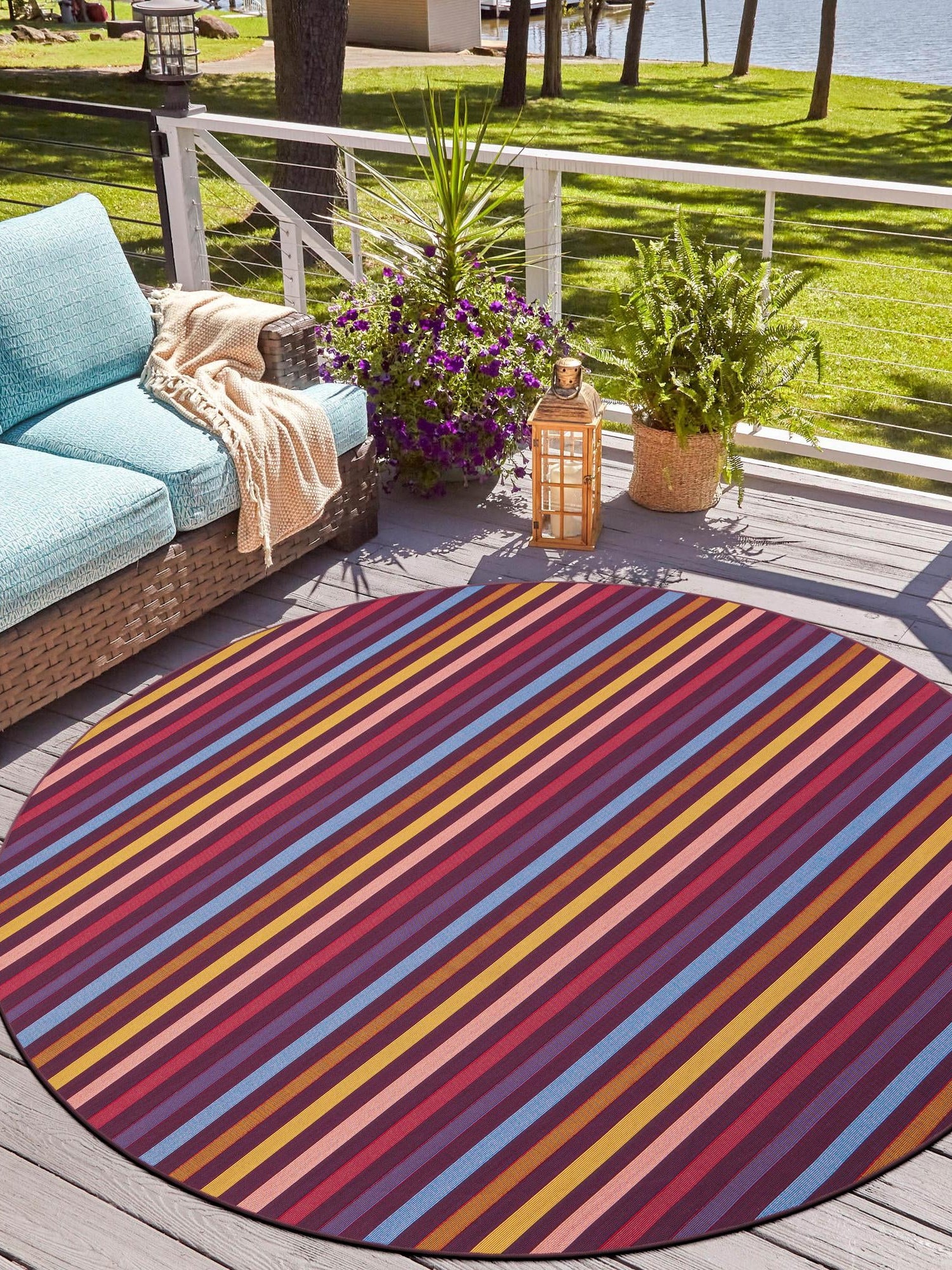Multicolor 6' 1 x 6' 1 Outdoor Striped Round Area Rug Weather Resistant for Patio, Deck, Terrace, Balcony, Porch Geometric Pattern Waterproof Carpet for Sale at Rug Engine