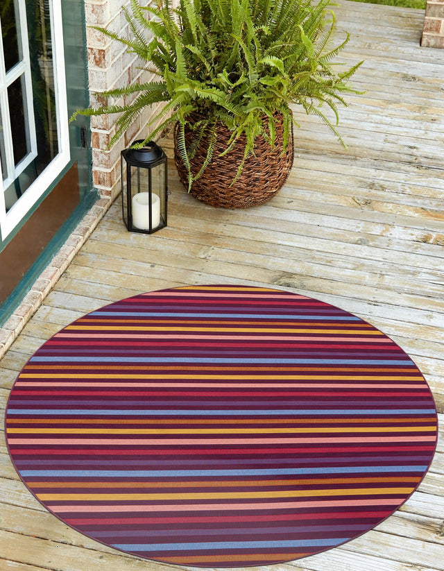 Multicolor 10' x 10' Outdoor Striped Round Area Rug Weather Resistant for Patio, Deck, Terrace, Balcony, Porch Geometric Pattern Waterproof Carpet for Sale at Rug Engine