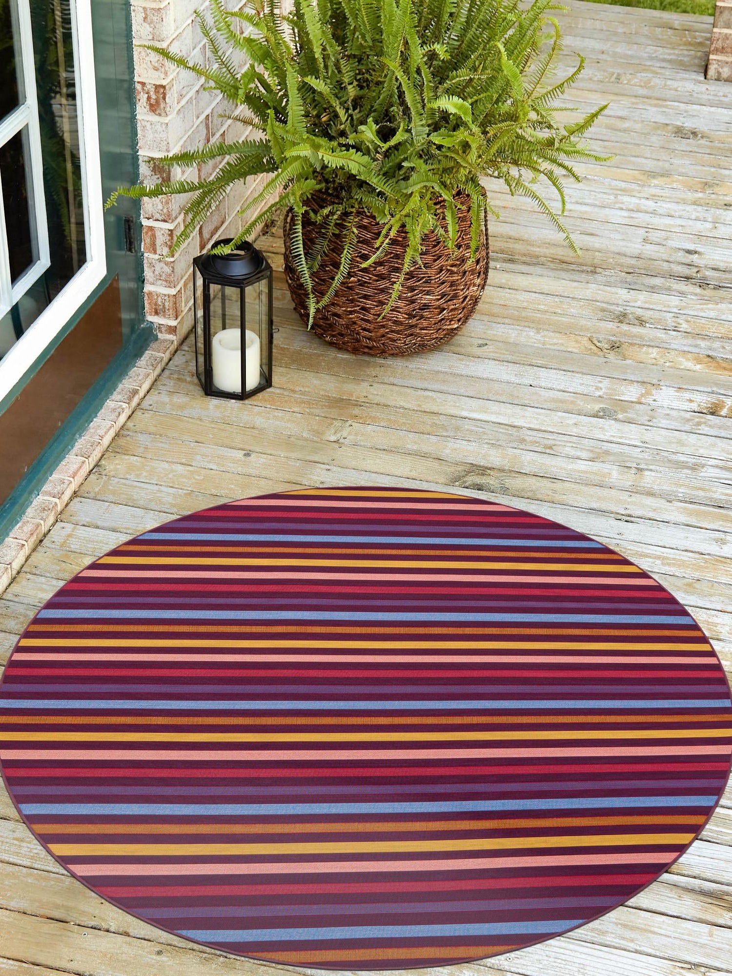 Multicolor 6' 1 x 6' 1 Outdoor Striped Round Area Rug Weather Resistant for Patio, Deck, Terrace, Balcony, Porch Geometric Pattern Waterproof Carpet for Sale at Rug Engine