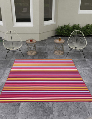 Multicolor 7' 10 x 7' 10 Outdoor Striped Square Area Rug Weather Resistant for Patio, Deck, Terrace, Balcony, Porch Geometric Pattern Waterproof Carpet for Sale at Rug Engine