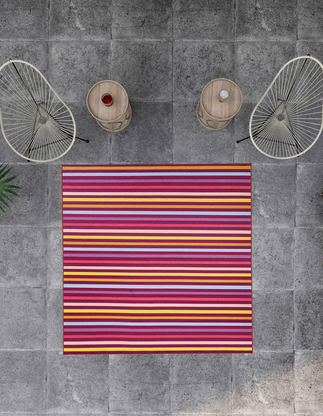 Multicolor 7' 10 x 7' 10 Outdoor Striped Square Area Rug Weather Resistant for Patio, Deck, Terrace, Balcony, Porch Geometric Pattern Waterproof Carpet for Sale at Rug Engine