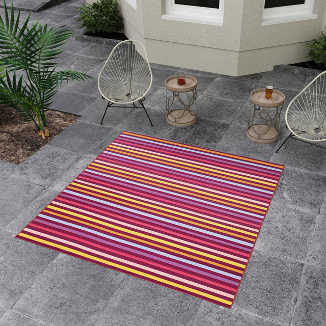 Multicolor 7' 10 x 7' 10 Outdoor Striped Square Area Rug Weather Resistant for Patio, Deck, Terrace, Balcony, Porch Geometric Pattern Waterproof Carpet for Sale at Rug Engine