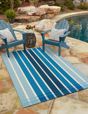 Blue 7' 10 x 10' Outdoor Striped Rectangle Area Rug Weather Resistant for Patio, Deck, Terrace, Balcony, Porch Geometric Pattern Waterproof Carpet for Sale at Rug Engine