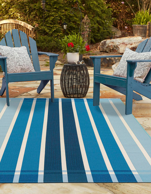 Blue 5' 3 x 8' Outdoor Striped Rectangle Area Rug Weather Resistant for Patio, Deck, Terrace, Balcony, Porch Geometric Pattern Waterproof Carpet for Sale at Rug Engine