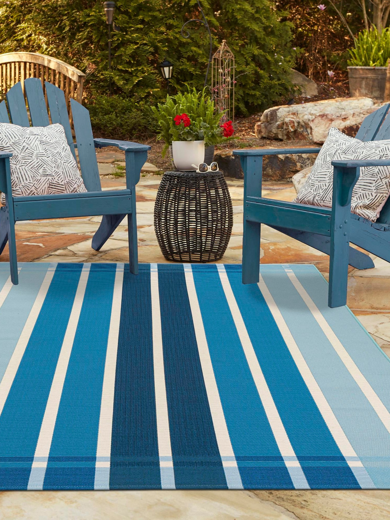 Blue 10' x 13' 1 Outdoor Striped Rectangle Area Rug Weather Resistant for Patio, Deck, Terrace, Balcony, Porch Geometric Pattern Waterproof Carpet for Sale at Rug Engine