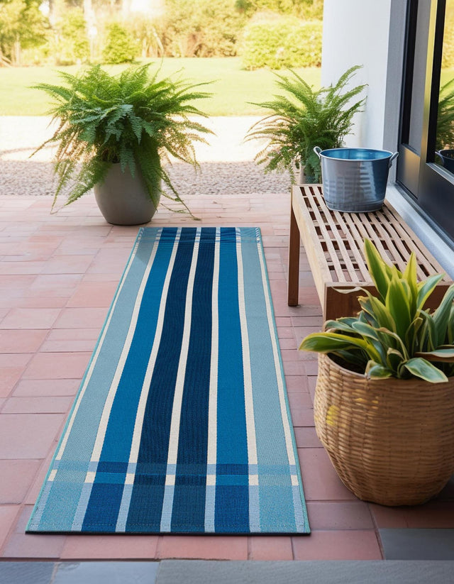 Blue 2' 7 x 10' Outdoor Striped Runner Area Rug Weather Resistant for Patio, Deck, Terrace, Balcony, Porch Geometric Pattern Waterproof Carpet for Sale at Rug Engine