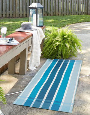 Blue 2' x 6' 1 Outdoor Striped Runner Area Rug Weather Resistant for Patio, Deck, Terrace, Balcony, Porch Geometric Pattern Waterproof Carpet for Sale at Rug Engine