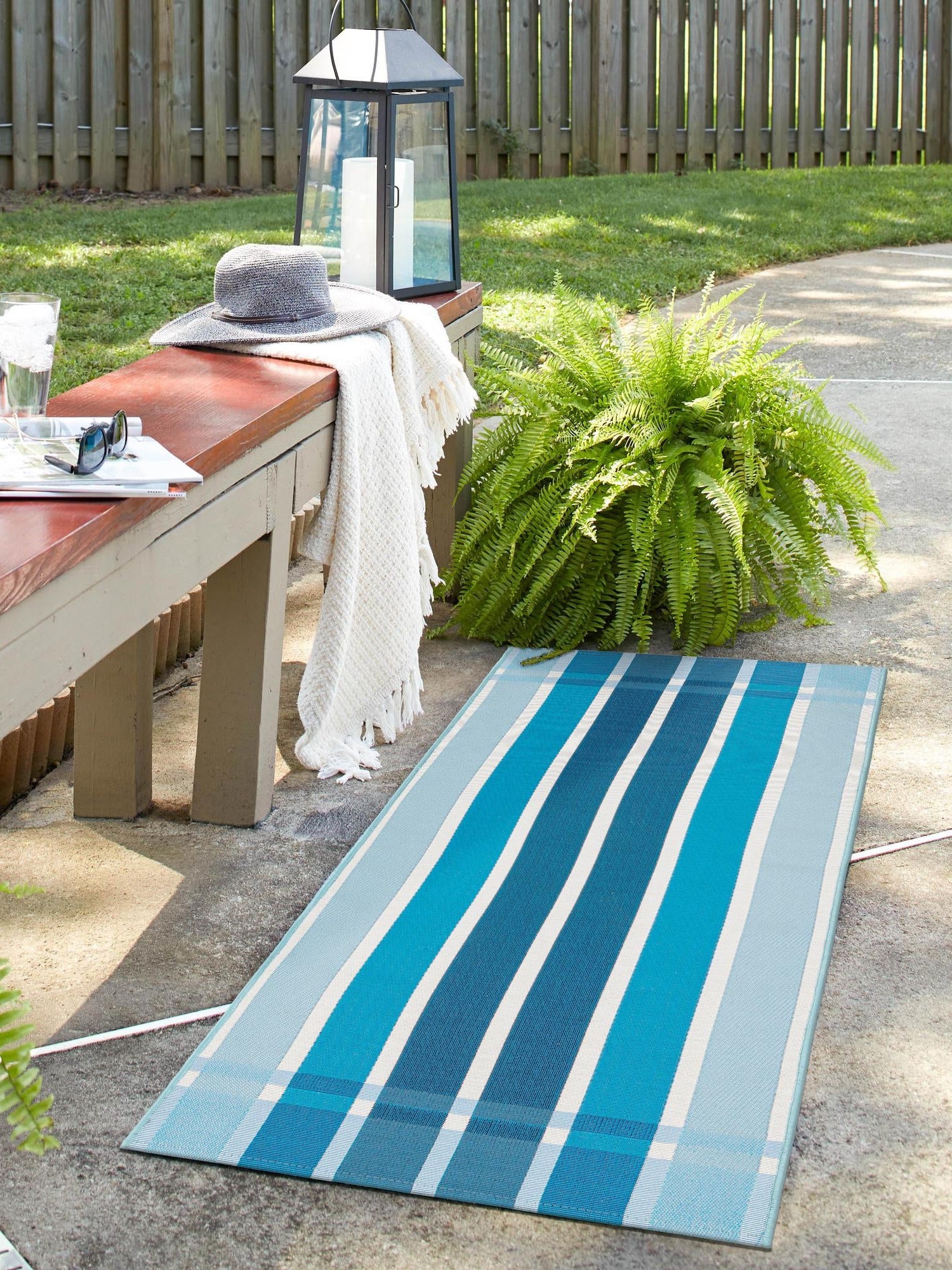 Blue 2' 7 x 12' Outdoor Striped Runner Area Rug Weather Resistant for Patio, Deck, Terrace, Balcony, Porch Geometric Pattern Waterproof Carpet for Sale at Rug Engine