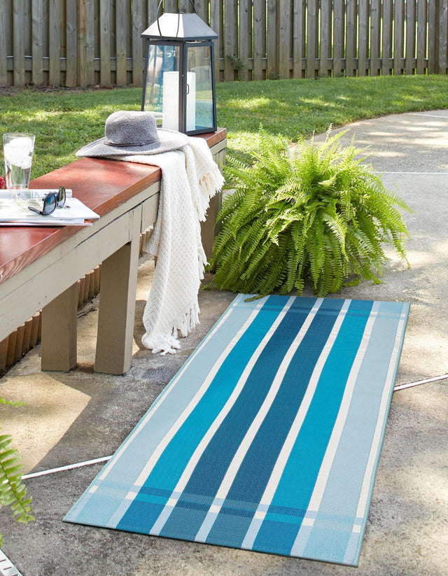 Blue 2' 7 x 12' Outdoor Striped Runner Area Rug Weather Resistant for Patio, Deck, Terrace, Balcony, Porch Geometric Pattern Waterproof Carpet for Sale at Rug Engine