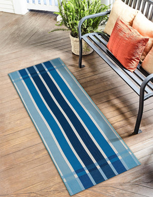 Blue 2' 7 x 10' Outdoor Striped Runner Area Rug Weather Resistant for Patio, Deck, Terrace, Balcony, Porch Geometric Pattern Waterproof Carpet for Sale at Rug Engine