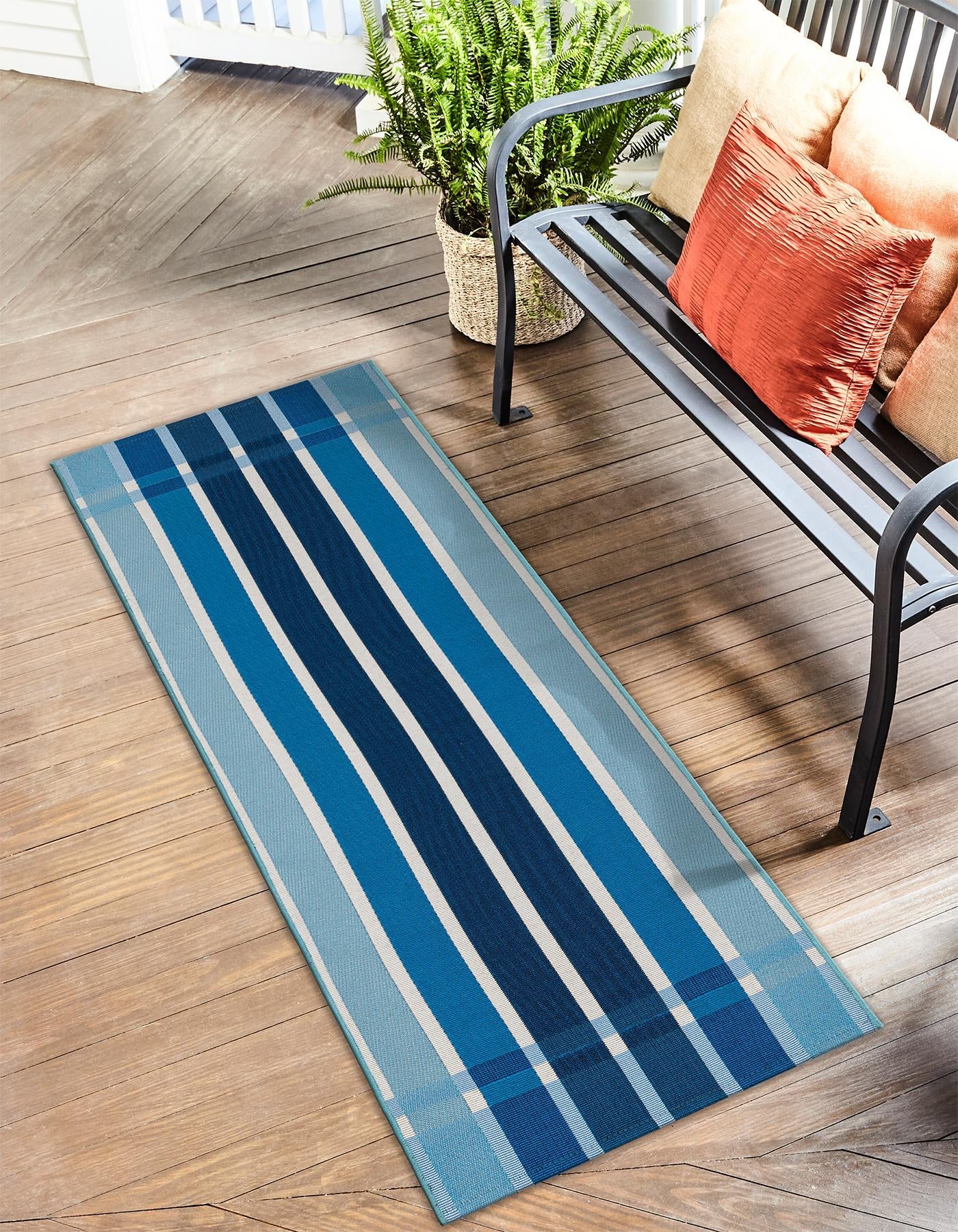 Blue 2' x 8' Outdoor Striped Runner Area Rug Weather Resistant for Patio, Deck, Terrace, Balcony, Porch Geometric Pattern Waterproof Carpet for Sale at Rug Engine