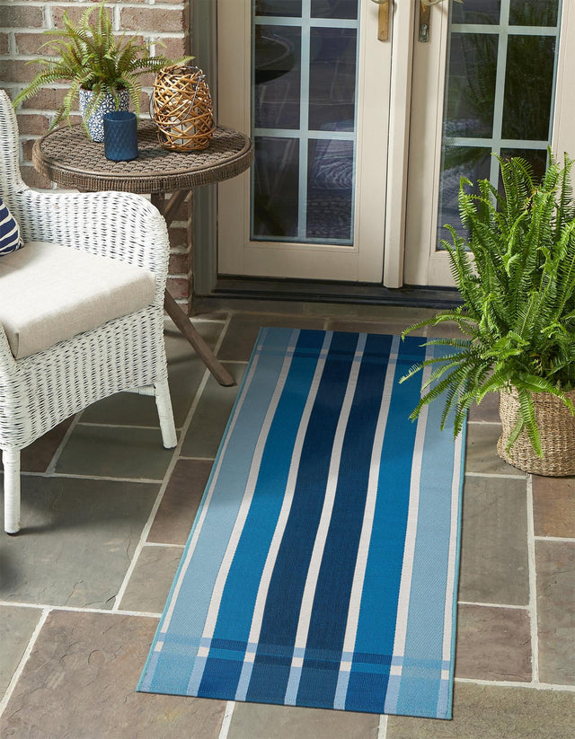 Blue 2' x 6' 1 Outdoor Striped Runner Area Rug Weather Resistant for Patio, Deck, Terrace, Balcony, Porch Geometric Pattern Waterproof Carpet for Sale at Rug Engine