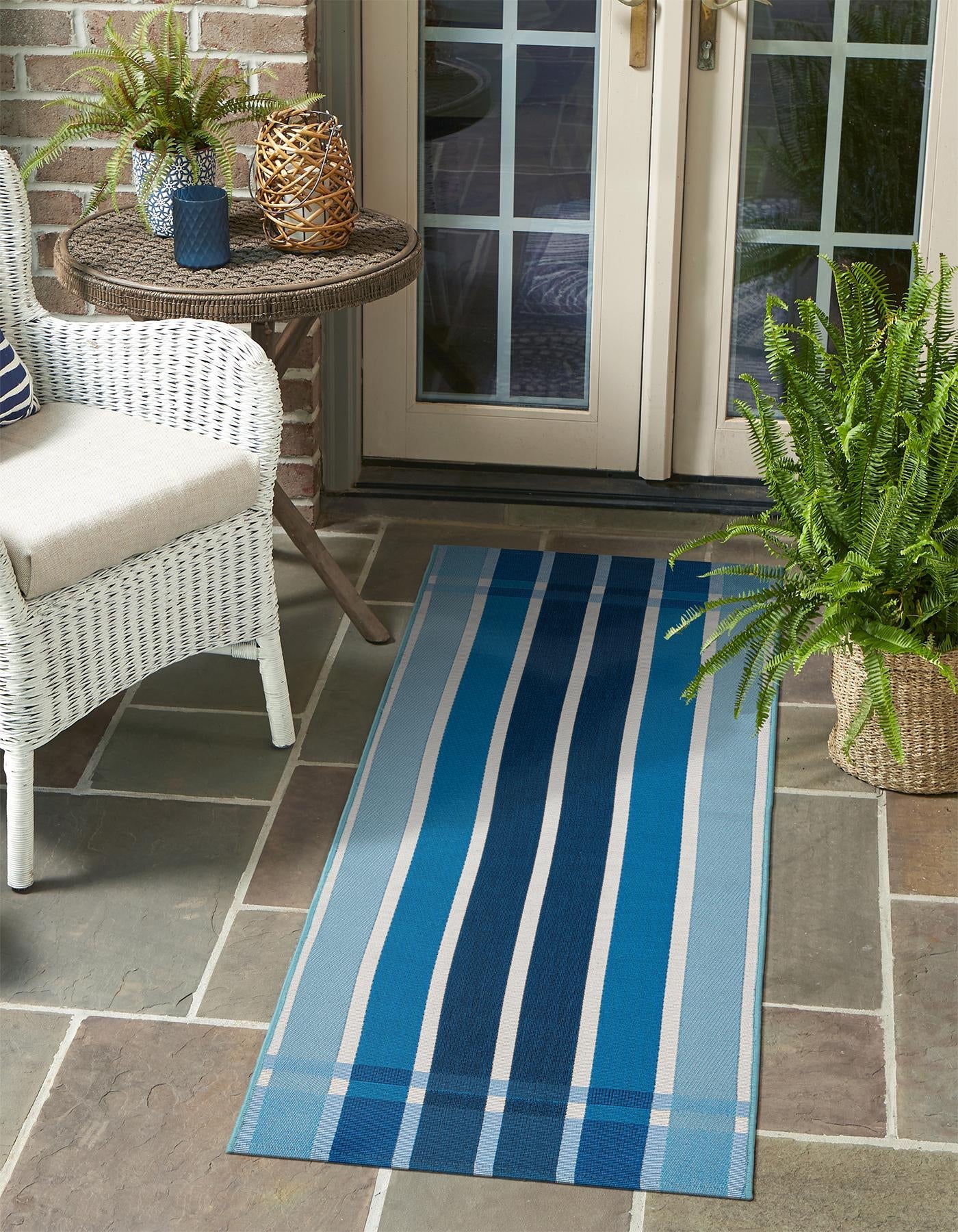 Blue 2' x 8' Outdoor Striped Runner Area Rug Weather Resistant for Patio, Deck, Terrace, Balcony, Porch Geometric Pattern Waterproof Carpet for Sale at Rug Engine