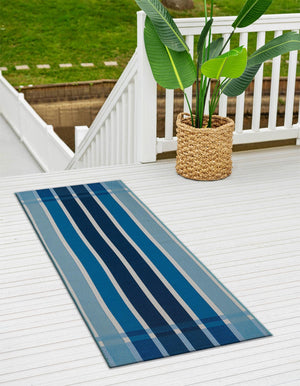 Blue 2' 7 x 10' Outdoor Striped Runner Area Rug Weather Resistant for Patio, Deck, Terrace, Balcony, Porch Geometric Pattern Waterproof Carpet for Sale at Rug Engine