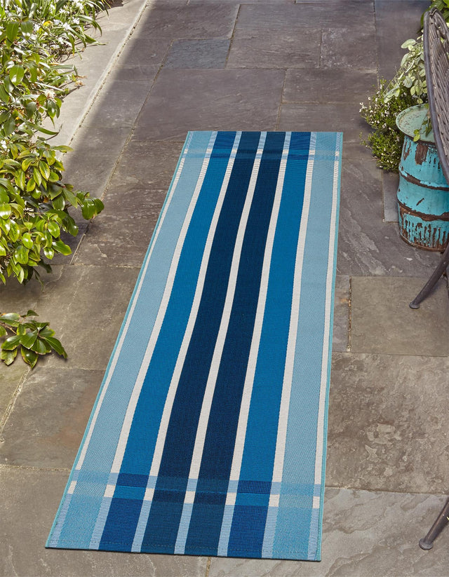 Blue 2' 7 x 10' Outdoor Striped Runner Area Rug Weather Resistant for Patio, Deck, Terrace, Balcony, Porch Geometric Pattern Waterproof Carpet for Sale at Rug Engine