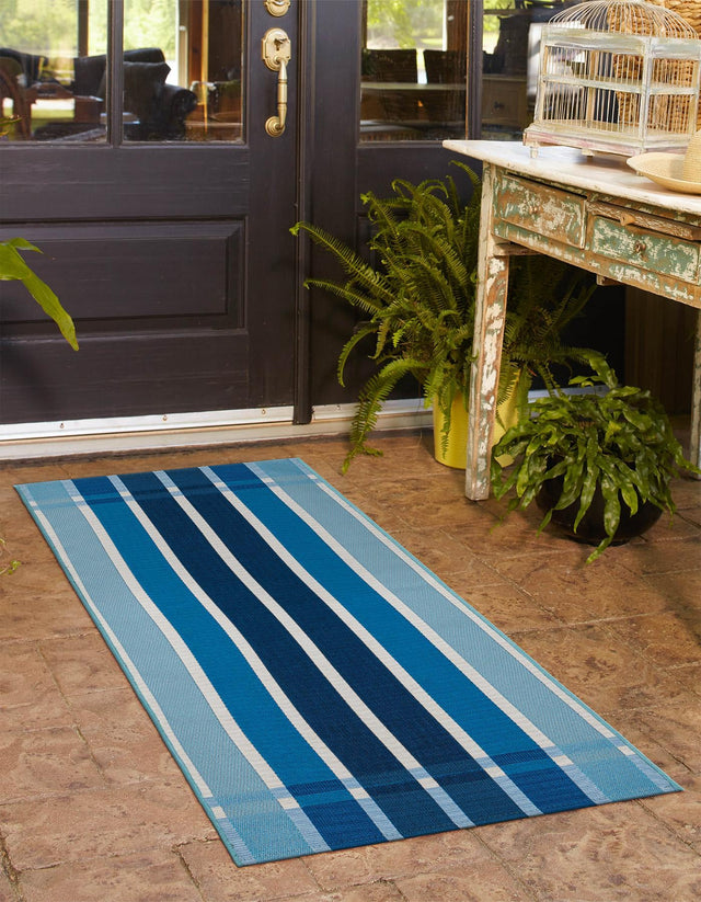 Blue 2' 7 x 10' Outdoor Striped Runner Area Rug Weather Resistant for Patio, Deck, Terrace, Balcony, Porch Geometric Pattern Waterproof Carpet for Sale at Rug Engine