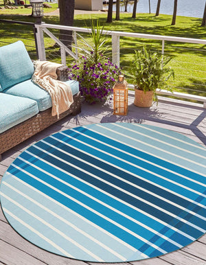 Blue 10' x 10' Outdoor Striped Round Area Rug Weather Resistant for Patio, Deck, Terrace, Balcony, Porch Geometric Pattern Waterproof Carpet for Sale at Rug Engine