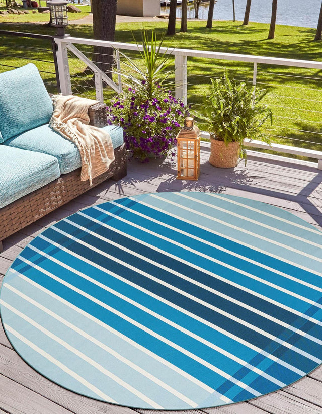 Blue 10' x 10' Outdoor Striped Round Area Rug Weather Resistant for Patio, Deck, Terrace, Balcony, Porch Geometric Pattern Waterproof Carpet for Sale at Rug Engine
