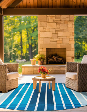 Blue 10' x 10' Outdoor Striped Round Area Rug Weather Resistant for Patio, Deck, Terrace, Balcony, Porch Geometric Pattern Waterproof Carpet for Sale at Rug Engine