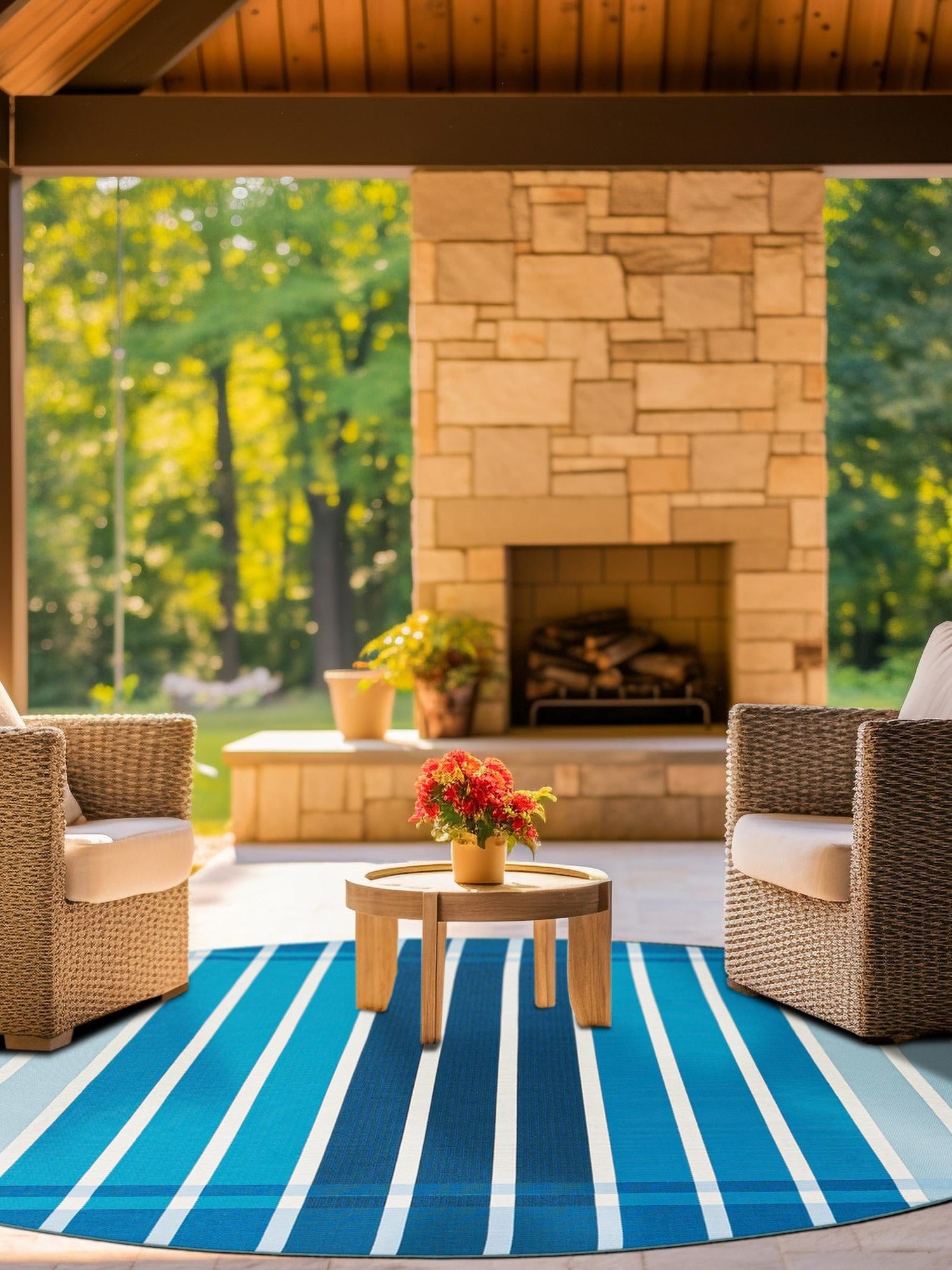 Blue 7' 10 x 7' 10 Outdoor Striped Round Area Rug Weather Resistant for Patio, Deck, Terrace, Balcony, Porch Geometric Pattern Waterproof Carpet for Sale at Rug Engine