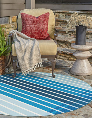 Blue 7' 10 x 7' 10 Outdoor Striped Round Area Rug Weather Resistant for Patio, Deck, Terrace, Balcony, Porch Geometric Pattern Waterproof Carpet for Sale at Rug Engine