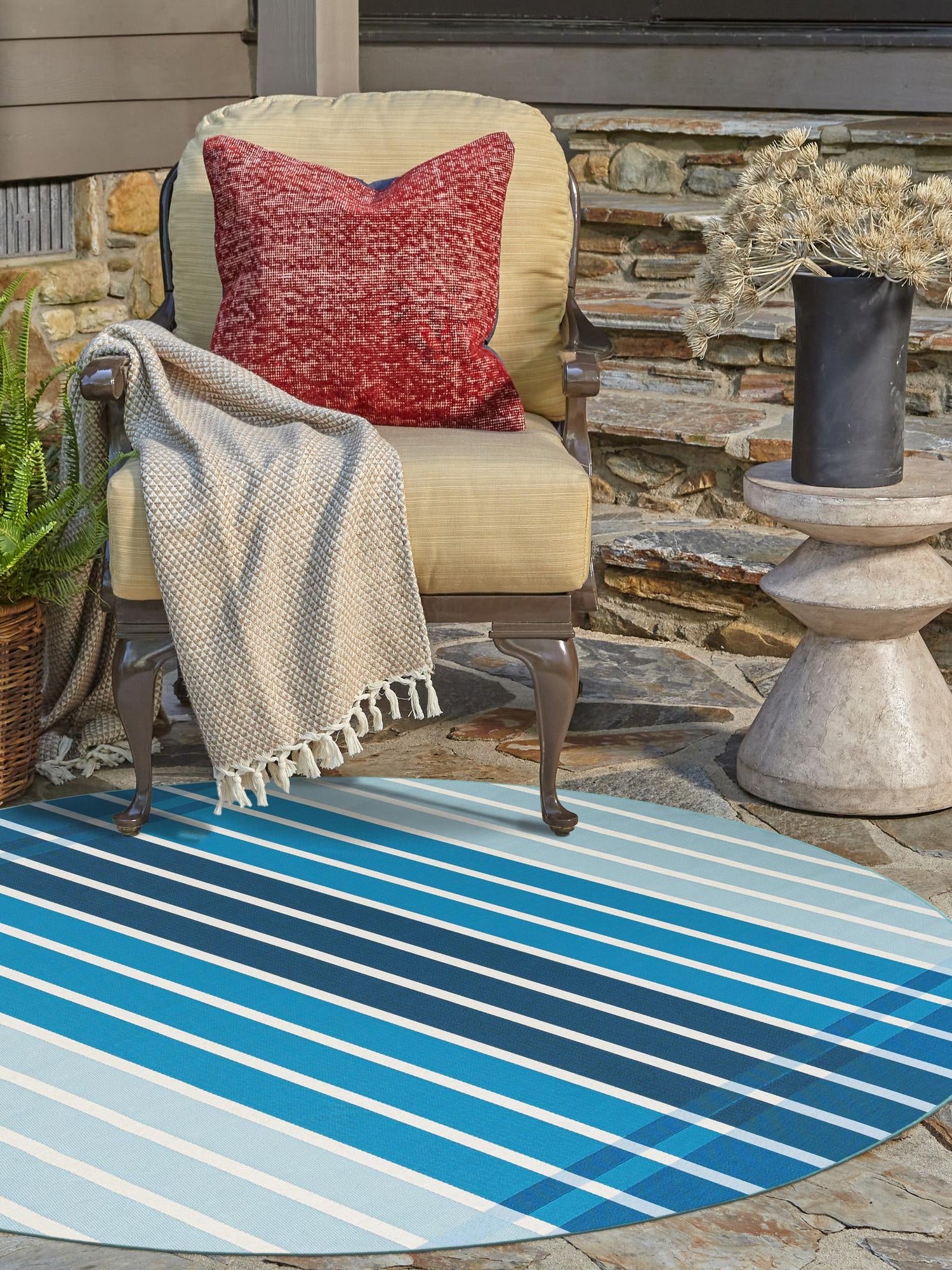 Blue 3' 1 x 3' 1 Outdoor Striped Round Area Rug Weather Resistant for Patio, Deck, Terrace, Balcony, Porch Geometric Pattern Waterproof Carpet for Sale at Rug Engine