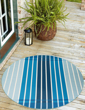 Blue 10' x 10' Outdoor Striped Round Area Rug Weather Resistant for Patio, Deck, Terrace, Balcony, Porch Geometric Pattern Waterproof Carpet for Sale at Rug Engine