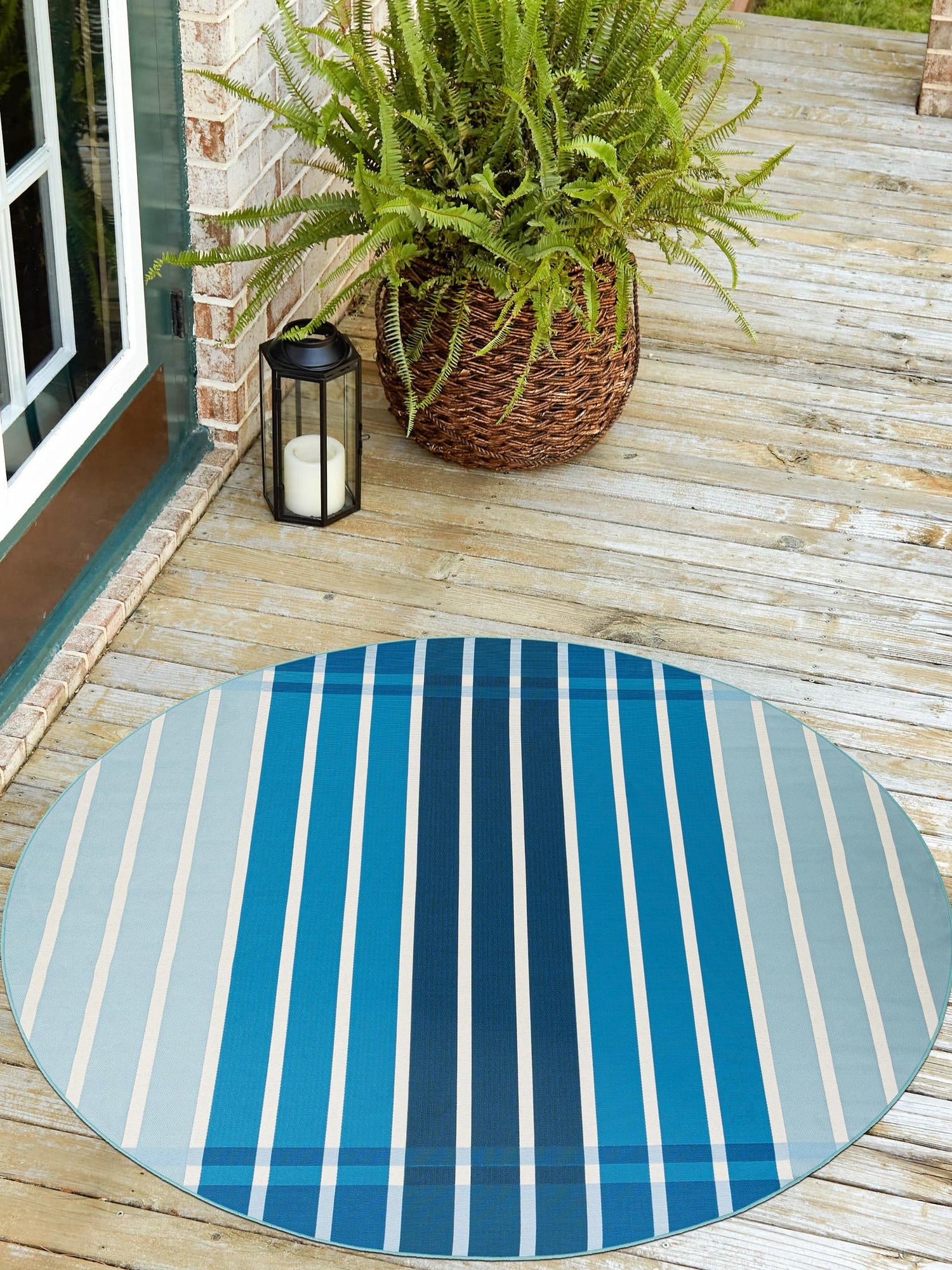 Blue 7' 10 x 7' 10 Outdoor Striped Round Area Rug Weather Resistant for Patio, Deck, Terrace, Balcony, Porch Geometric Pattern Waterproof Carpet for Sale at Rug Engine