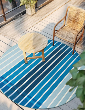 Blue 10' x 10' Outdoor Striped Round Area Rug Weather Resistant for Patio, Deck, Terrace, Balcony, Porch Geometric Pattern Waterproof Carpet for Sale at Rug Engine