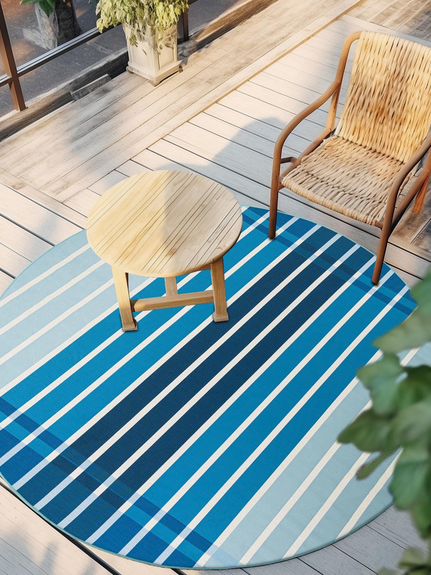 Blue 4' 1 x 4' 1 Outdoor Striped Round Area Rug Weather Resistant for Patio, Deck, Terrace, Balcony, Porch Geometric Pattern Waterproof Carpet for Sale at Rug Engine