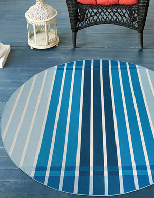 Blue 10' x 10' Outdoor Striped Round Area Rug Weather Resistant for Patio, Deck, Terrace, Balcony, Porch Geometric Pattern Waterproof Carpet for Sale at Rug Engine