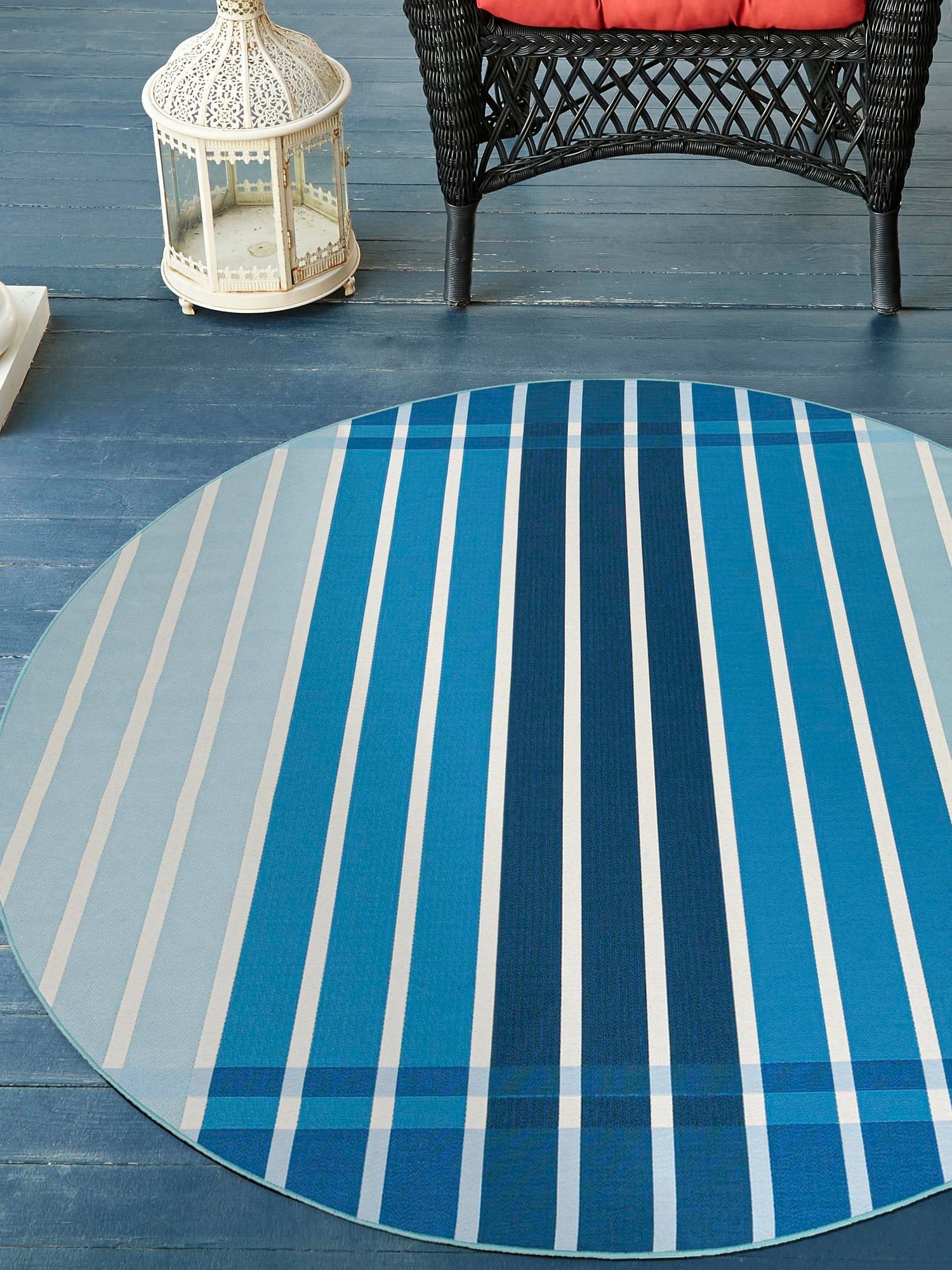 Blue 6' 1 x 6' 1 Outdoor Striped Round Area Rug Weather Resistant for Patio, Deck, Terrace, Balcony, Porch Geometric Pattern Waterproof Carpet for Sale at Rug Engine
