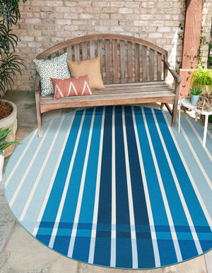 Blue 7' 10 x 7' 10 Outdoor Striped Round Area Rug Weather Resistant for Patio, Deck, Terrace, Balcony, Porch Geometric Pattern Waterproof Carpet for Sale at Rug Engine