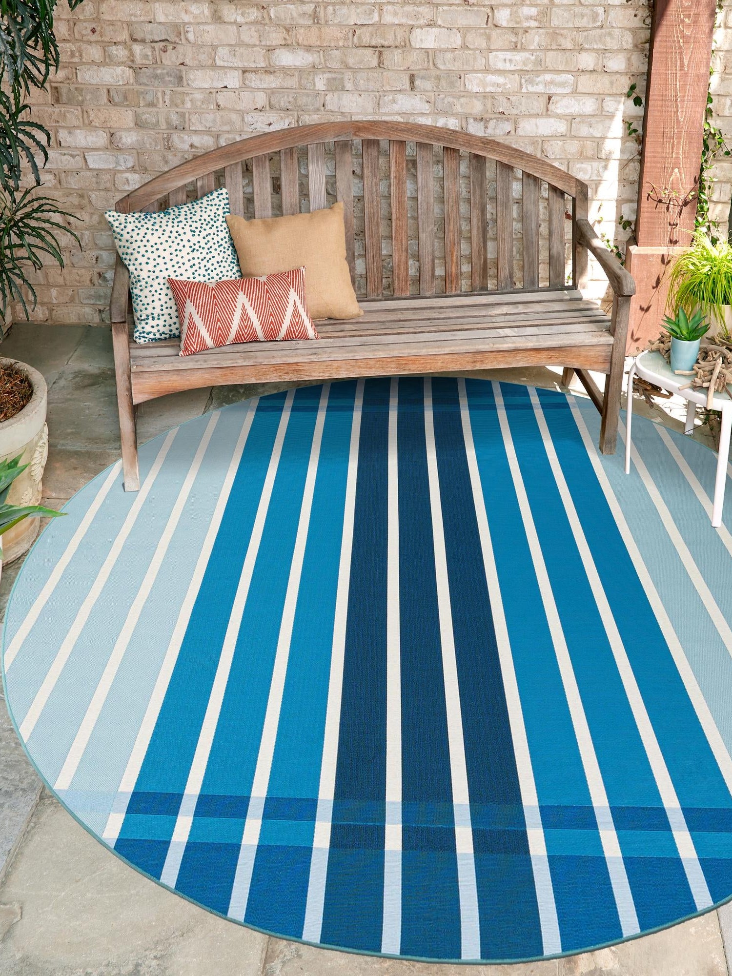 Blue 3' 1 x 3' 1 Outdoor Striped Round Area Rug Weather Resistant for Patio, Deck, Terrace, Balcony, Porch Geometric Pattern Waterproof Carpet for Sale at Rug Engine