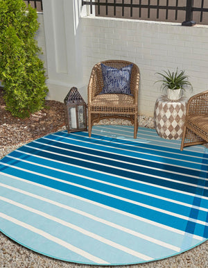 Blue 10' x 10' Outdoor Striped Round Area Rug Weather Resistant for Patio, Deck, Terrace, Balcony, Porch Geometric Pattern Waterproof Carpet for Sale at Rug Engine