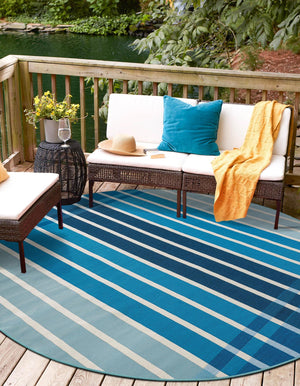 Blue 10' x 10' Outdoor Striped Round Area Rug Weather Resistant for Patio, Deck, Terrace, Balcony, Porch Geometric Pattern Waterproof Carpet for Sale at Rug Engine