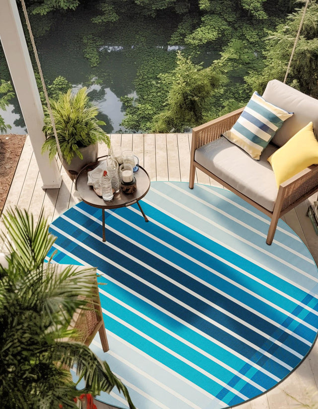 Blue 10' x 10' Outdoor Striped Round Area Rug Weather Resistant for Patio, Deck, Terrace, Balcony, Porch Geometric Pattern Waterproof Carpet for Sale at Rug Engine