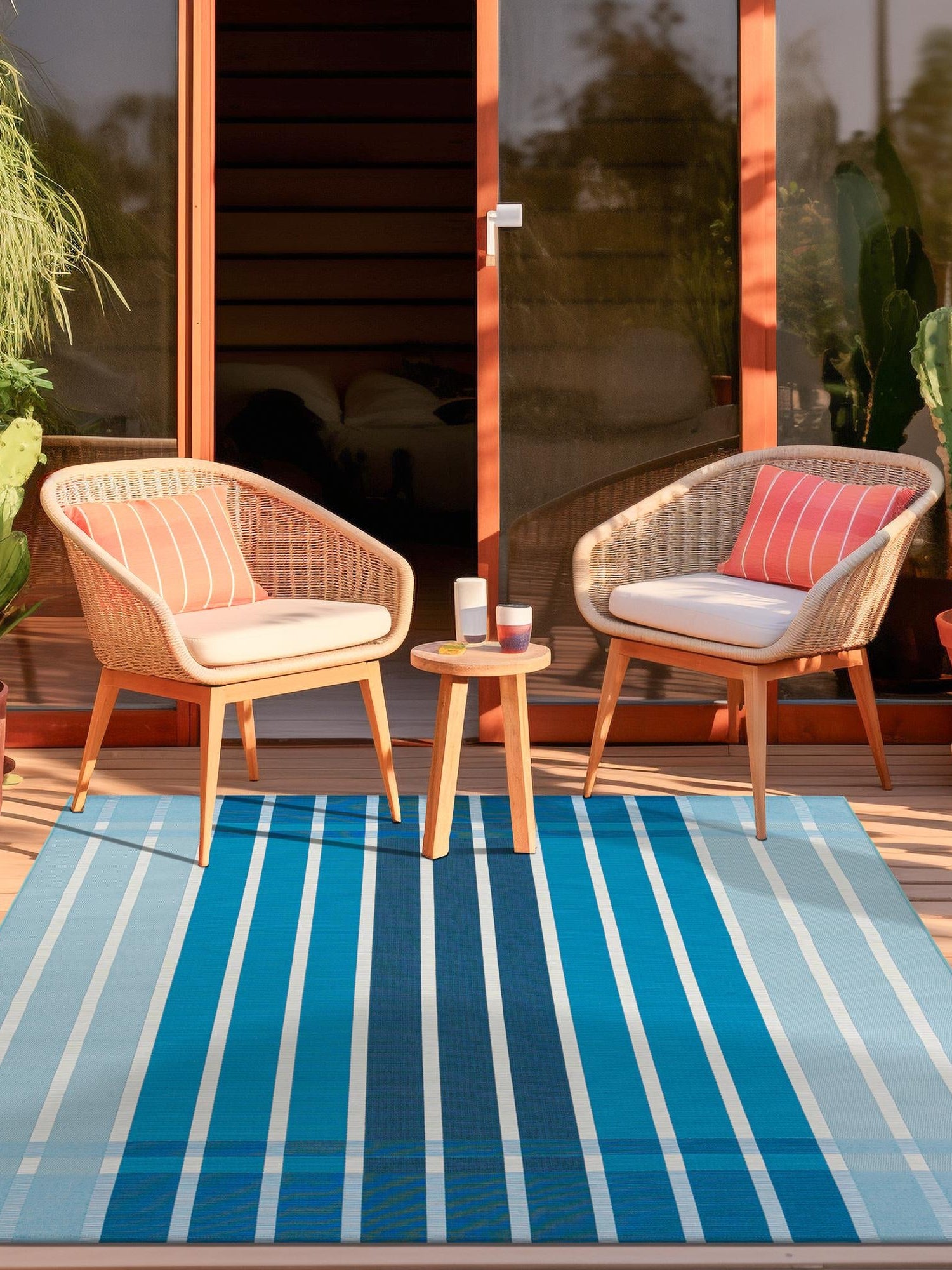 Blue 7' 10 x 7' 10 Outdoor Striped Square Area Rug Weather Resistant for Patio, Deck, Terrace, Balcony, Porch Geometric Pattern Waterproof Carpet for Sale at Rug Engine
